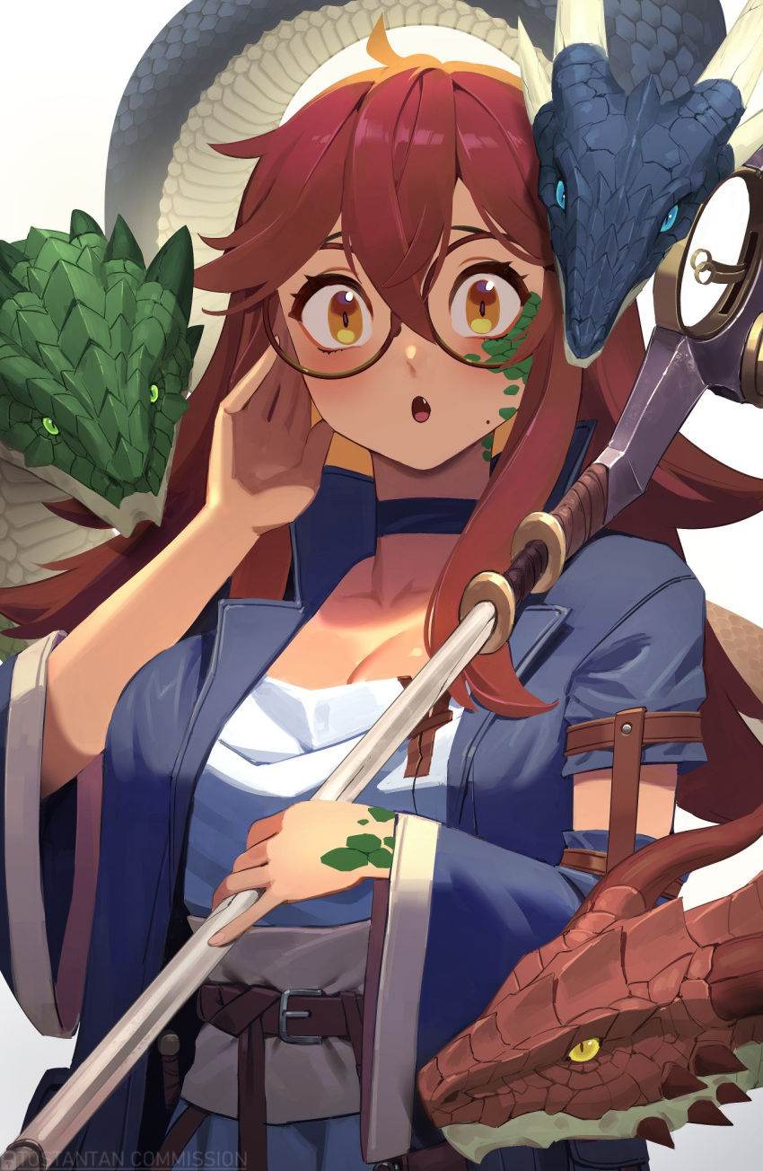 :o blush borrowed_character breasts brown-framed_eyewear brown_eyes choker cleavage collarbone commentary commission dragon dragon_girl english_commentary female glasses hair_between_eyes highres large_breasts long_hair looking_at_viewer mole mole_on_cheek oerba_yun_fang original parted_lips red_hair round_eyewear sarashi solo tostantan