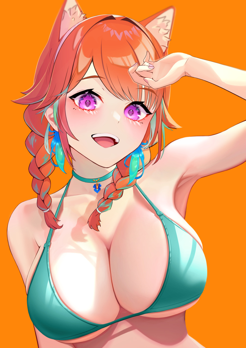 absurdres animal_ears bare_shoulders bikini braid breasts cat_ears choker cleavage commentary earrings feather_earrings feathers female green_bikini hand_up highres hololive hololive_english jewelry large_breasts multicolored_hair no_shirt official_alternate_costume open_mouth orange_background orange_hair pendant_choker pink_eyes shading_mismatch shadow simple_background smile solo strap_gap streaked_hair swimsuit takanashi_kiara takanashi_kiara_(casual) tamao_(tama0kun) teeth twin_braids two-tone_hair upper_body upper_teeth_only virtual_youtuber