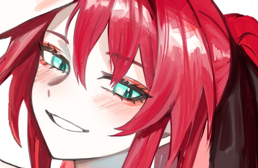 atelier_live bad_id bad_twitter_id blush close-up female green_eyes kuzuryu_io looking_at_viewer parted_lips ponytail portrait red_hair simple_background slit_pupils smile solo tsu_(lovesick1964) virtual_youtuber white_background