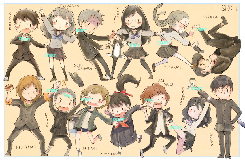 6+boys 6+girls absurdres amiguchi_shuu animal artist_name bag bandages bj_(juusan_kihei_bouei_ken) black_hair black_jacket black_legwear black_skirt blonde_hair blush braid brown_hair buruma character_name chihiro_(juusan_kihei_bouei_ken) closed_eyes feline flower food fuyusaka_iori glasses gouto_renya grey_hair gym_uniform hair_flower hair_ornament hair_ribbon hairclip hand_on_own_hip hat highres hijiyama_takatoshi holding holding_food jacket juusan_kihei_bouei_ken kisaragi_tomi kurabe_juurou long_hair long_sleeves minami_natsuno miura_keitarou multiple_boys multiple_girls neckerchief ogata_nenji one_eye_closed open_mouth out_of_frame pants pantyhose pill_bottle pompadour purple_neckerchief red-framed_eyewear ribbon school_bag school_uniform sekigahara_ei shinonome_ryouko_(juusan_kihei_bouei_ken) shippou_(juusan_kihei_bouei_ken) sho.t short_hair simple_background skirt sweat takamiya_yuki thighhighs twin_braids wavy_mouth white_legwear yakushiji_megumi