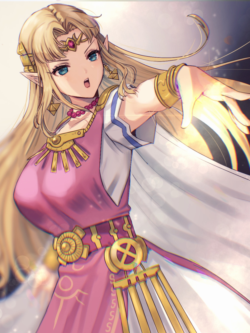 bad_id bad_pixiv_id bead_necklace beads belt blonde_hair blue_eyes bracer breasts cape circlet collarbone cowboy_shot dress earrings female highres jewelry large_breasts long_hair necklace open_mouth outstretched_arm parted_bangs pointy_ears princess_zelda solo super_smash_bros. tabard the_legend_of_zelda the_legend_of_zelda:_a_link_between_worlds the_legend_of_zelda:_a_link_to_the_past triforce triforce_earrings v-shaped_eyebrows very_long_hair white_cape white_dress yamamori_kinako