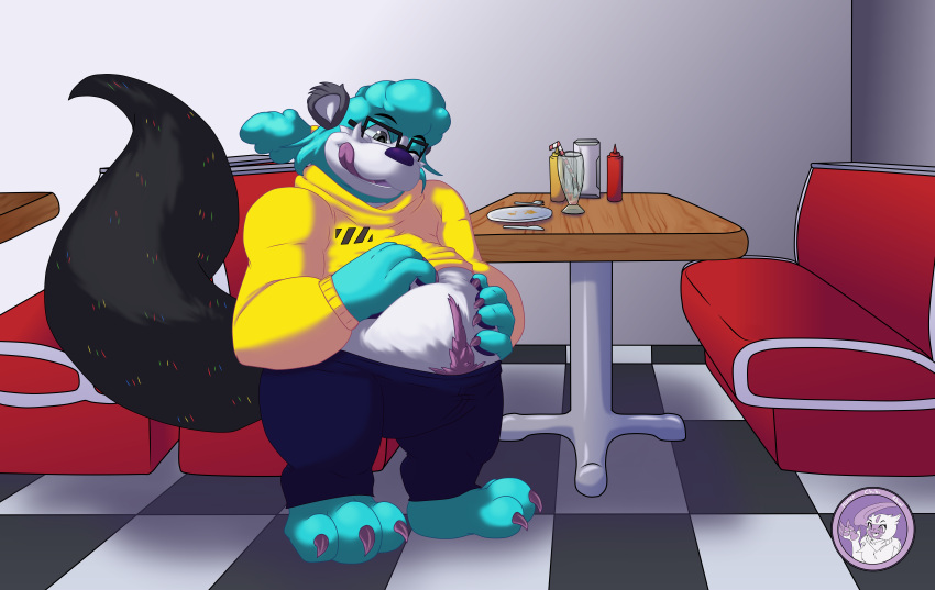 absurd_res belly binto binturong diner eating hi_res holding_belly just_finished_eating mammal overweight restaurant shake slightly_chubby viverrid