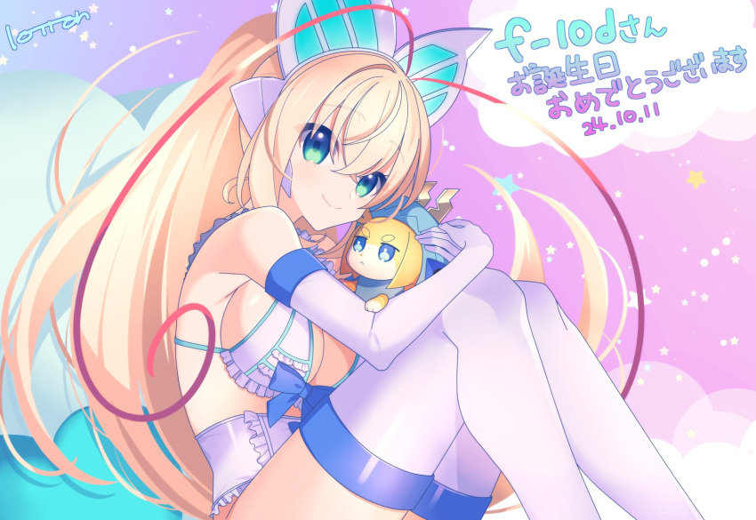 alternate_costume azure_striker_gunvolt azure_striker_gunvolt_3 bare_shoulders blonde_hair bra butterfly_hair_ornament canine commentary_request dated elbow_gloves gloves green_eyes gunvolt hair_ornament high_ponytail highres lololotton long_hair lumen_(gunvolt) multicolored_hair pink_hair thighhighs translation_request two-tone_hair underwear very_long_hair white_bra white_gloves white_thighhighs