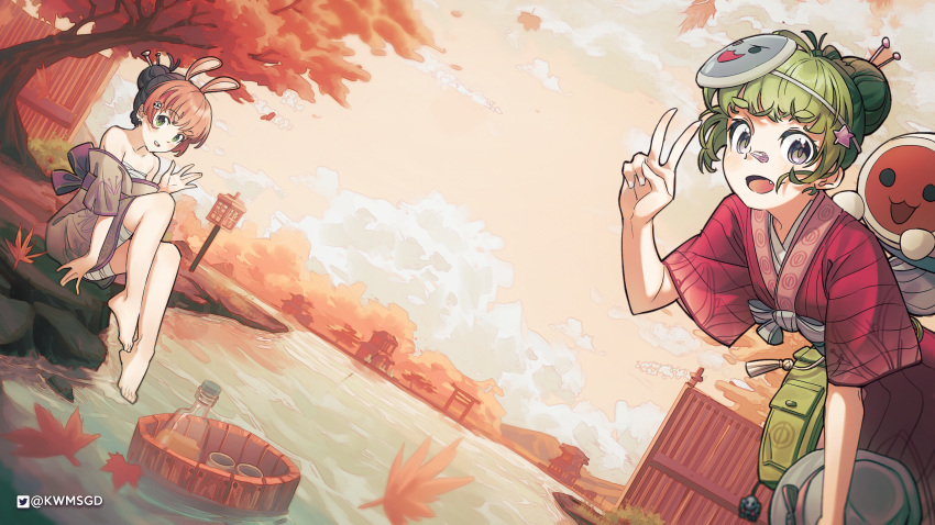 2girls :d \||/ autumn autumn_leaves bandaid bandaid_on_face bandaid_on_nose barefoot bent_over blush brown_kimono bucket character_mask chest_sarashi cloud collarbone cup dutch_angle green_bag green_hair grey_eyes hair_bun hair_ornament hair_stick highres japanese_clothes kimono kwms looking_at_viewer mask mask_on_head mocha_(osu!) multiple_girls oerba_yun_fang off_shoulder open_mouth osu! outdoors pippi_(osu!) red_kimono sarashi second-party_source short_eyebrows short_hair short_sleeves single_hair_bun sitting sky smile taiko_no_tatsujin thick_eyebrows torii tree twitter_logo twitter_username wada_don wada_katsu wooden_bucket yellow_sky yukata