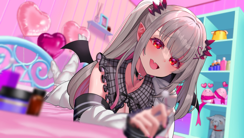 absurdres bedroom blurry blurry_background blurry_foreground blush choker colored_inner_hair demon_wings depth_of_field fangs female foreshortening frilled_shirt_collar frills futayamam2 grey_hair hashtag-only_commentary headgear heart_o-ring highres indie_virtual_youtuber indoors jacket kanikama_(honey_strap) looking_at_viewer lying mimikaki multicolored_hair o-ring o-ring_choker official_alternate_costume on_bed on_stomach open_mouth pink_hair pointy_ears puritan_collar red_eyes skin_fangs smirk smug solo suou_patra the_pose thighhighs virtual_youtuber white_jacket white_thighhighs wings