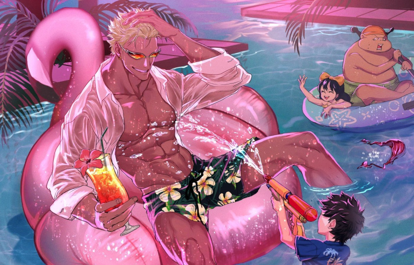 3boys aged_down baby_5 black_hair blonde_hair blue_innertube blue_shirt bow buffalo_(one_piece) closed_eyes cocktail_glass cup donquixote_doflamingo drinking_glass female floral_print green_male_underwear hairbow hand_on_own_head holding holding_water_gun lolicon long_hair looking_at_another male_focus male_underwear multiple_boys muscular muscular_male omegatama2 on_innertube one_piece open_clothes open_shirt palm_tree pink_innertube pool rowing shirt short_hair smile sunglasses tan toned toned_male trafalgar_law tree underwear water_gun wet wet_clothes white_shirt yellow_bow