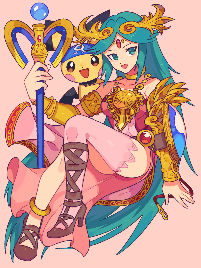 armlet commission female floating full_body green_eyes green_hair highres holding holding_staff jewelry kid_icarus long_hair looking_at_viewer open_mouth palutena pichu pink_background pink_thighhighs pokemon pokemon_(creature) simple_background staff super_smash_bros. team_aqua_uniform thighhighs very_long_hair yasaikakiage