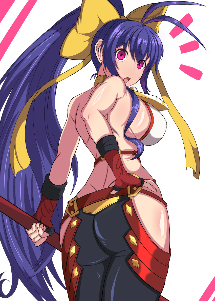 absurdres antenna_hair ass backless_outfit bare_shoulders black_background black_pants blazblue blazblue:_central_fiction blazblue_variable_heart blue_hair bow breasts female fingerless_gloves gloves hairbow halterneck highres holding holding_polearm holding_weapon large_breasts looking_at_viewer lowleg lowleg_pants mai_natsume midriff navel outseal pants polearm ponytail red_gloves revealing_clothes sideboob sidelocks simple_background smile solo square-w weapon yellow_bow