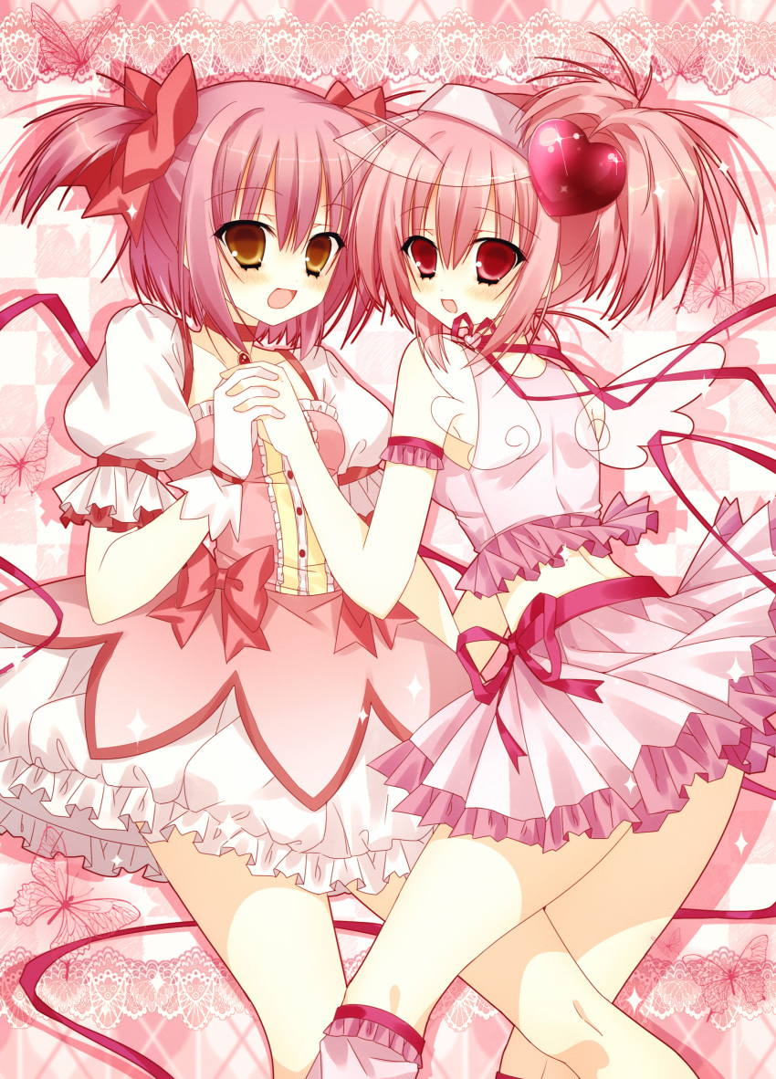 2000s_(style) 2girls absurdres amulet_heart blush bubble_skirt chinese_commentary choker color_connection commentary_request cowboy_shot crossover dress gem genre_connection hair_color_connection hejun673 highres hinamori_amu holding_hands kaname_madoka kaname_madoka_(magical_girl) lolita_fashion looking_at_viewer magical_girl mahou_shoujo_madoka_magica mahou_shoujo_madoka_magica_(anime) midriff multiple_girls open_mouth pink_dress pink_eyes pink_hair pink_skirt pink_tank_top short_hair short_ponytail short_twintails shugo_chara! skirt smile standing sweet_lolita tank_top twintails variant_set visor_cap wings yellow_eyes