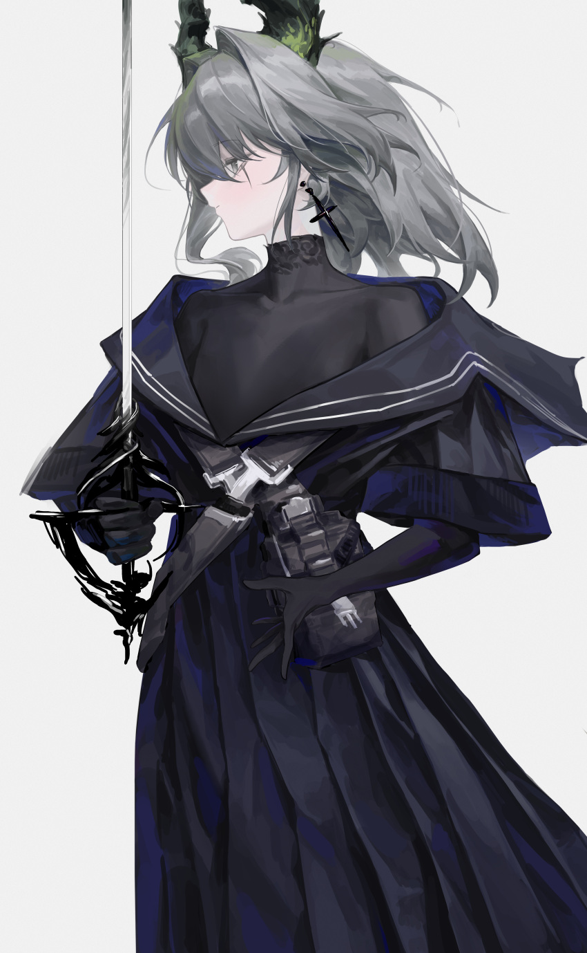 absurdres arknights black_dress black_gloves black_shirt closed_mouth commentary_request cross cross_earrings dress earrings feet_out_of_frame female gloves grey_eyes grey_hair hair_intakes highres holding holding_sword holding_weapon irene_(arknights) irene_(the_adjudicatrix_and_her_resolve)_(arknights) jewelry latin_cross long_hair looking_to_the_side official_alternate_costume pouch profile rapier scar scar_across_eye shirt solo sword turtleneck turtleneck_shirt weapon yaoyao_(yoyo27456335489)