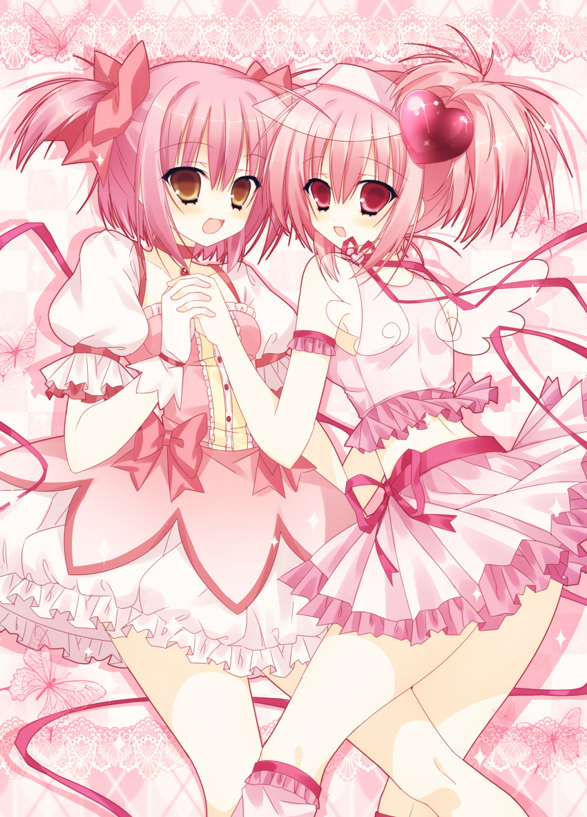 2000s_(style) 2girls absurdres amulet_heart blush bubble_skirt chinese_commentary choker color_connection commentary_request cowboy_shot crossover dress gem genre_connection hair_color_connection hejun673 highres hinamori_amu holding_hands kaname_madoka kaname_madoka_(magical_girl) lolita_fashion looking_at_viewer magical_girl mahou_shoujo_madoka_magica mahou_shoujo_madoka_magica_(anime) midriff multiple_girls open_mouth pink_dress pink_eyes pink_hair pink_skirt pink_tank_top short_hair short_ponytail short_twintails shugo_chara! skirt smile standing sweet_lolita tank_top twintails variant_set visor_cap wings yellow_eyes