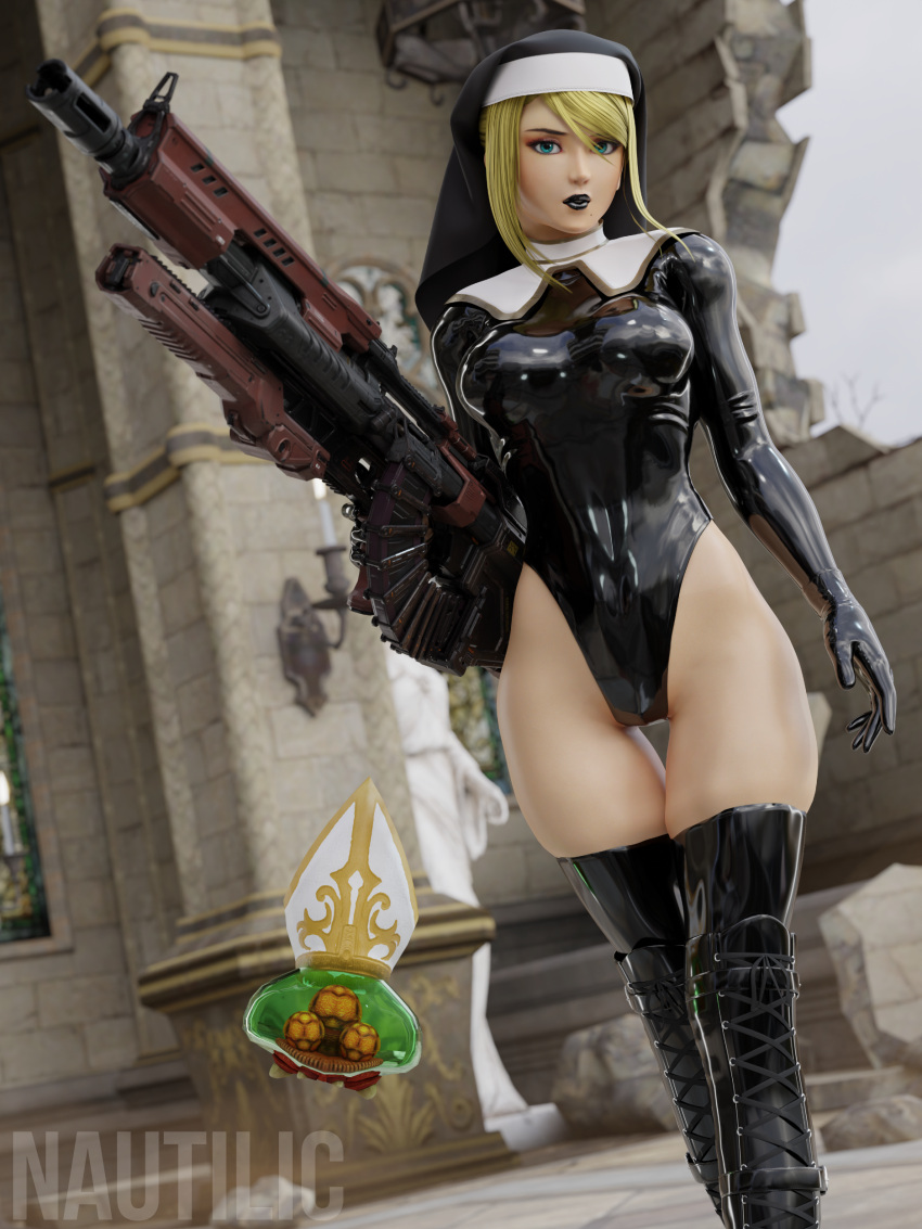 3d absurdres alternate_costume blonde_hair blue_eyes cross-laced_footwear female guimpe gun habit hat highleg highleg_leotard highres holding holding_gun holding_weapon latex latex_leotard latex_thighhighs leotard looking_at_viewer metroid metroid_(creature) mitre nautilic nun outdoors samus_aran shiny_clothes skin_tight skindentation thighhighs weapon