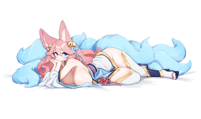 absurdres ahri_(league_of_legends) animal_ears bare_shoulders bell blue_eyes blue_footwear blue_ribbon blue_tail breasts closed_mouth commentary dated_commentary female fingernails fox_ears fox_girl fox_tail geta groin hair_bell hair_between_eyes hair_ornament hair_ribbon highres huge_breasts japanese_clothes jingle_bell kimono league_of_legends looking_at_viewer lying multiple_tails on_side pink_hair pink_nails pink_sash ribbon sash simple_background solo spirit_blossom_ahri tail thighhighs thighs white_background white_kimono white_thighhighs yabby