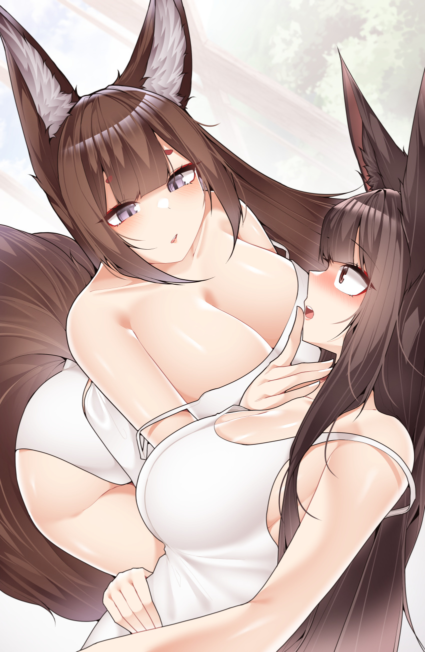 2girls absurdres akagi_(azur_lane) amagi_(azur_lane) animal_ear_fluff animal_ears azur_lane bare_arms blush breasts brown_eyes brown_hair bush cleavage collarbone commentary_request finger_to_another's_mouth fox_ears fox_tail highres large_breasts looking_at_another multiple_girls one-piece_swimsuit open_mouth outdoors purple_eyes samip strap_slip swimsuit tail tree white_one-piece_swimsuit yuri