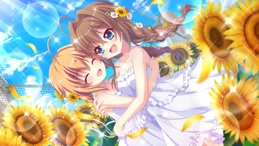 2girls :d ahoge alternate_hairstyle bare_arms bare_shoulders birthday blue_eyes blue_sky braid braided_ponytail breasts brown_hair cleavage closed_eyes cloud collarbone day dot_nose dress dutch_angle falling_petals field film_grain flower flower_field frilled_dress frills game_cg hair_between_eyes hair_flower hair_intakes hair_ornament hug izumi_tsubasu lens_flare long_hair low_twin_braids medium_breasts medium_hair multiple_girls non-web_source official_art open_mouth orange_hair outdoors petals re:stage! shikimiya_aone shikimiya_mana short_ponytail siblings sidelocks single_braid sisters sky smile spaghetti_strap sparkle sundress sunflower sunflower_field sunlight twin_braids white_dress white_flower windmill yellow_flower yellow_petals