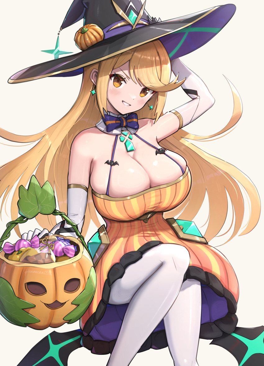 absurdres alternate_costume basket blonde_hair breasts cleavage commentary_request female gonzarez grey_background halloween highres holding holding_basket large_breasts looking_at_viewer mythra_(xenoblade) pantyhose simple_background sitting solo white_pantyhose xenoblade_chronicles_(series) xenoblade_chronicles_2