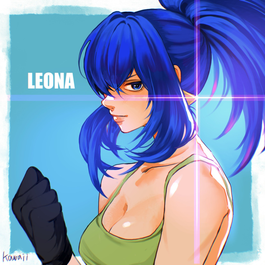 bare_shoulders blue_eyes blue_hair breasts character_name clenched_hand crop_top earrings female gloves glowing glowing_earrings highres jewelry leona_heidern ponytail signature simple_background sleeveless soldier solo tank_top the_king_of_fighters the_king_of_fighters_xv triangle_earrings yellow_tank_top znkckabe