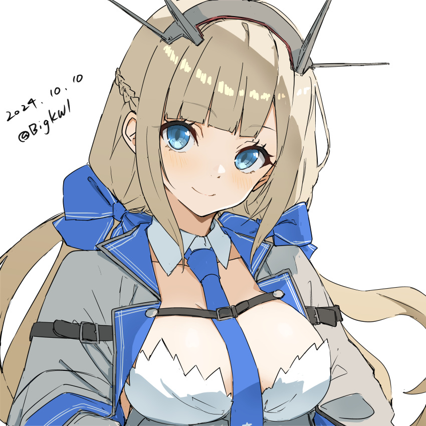 absurdres between_breasts bigkwl blue_bow blue_eyes blue_necktie bow breasts capelet dress female gloves grey_dress hairbow headgear highres kantai_collection light_brown_hair long_hair looking_at_viewer low_twintails maryland_(kancolle) medium_breasts necktie one-hour_drawing_challenge simple_background solo twintails twitter_username upper_body white_background