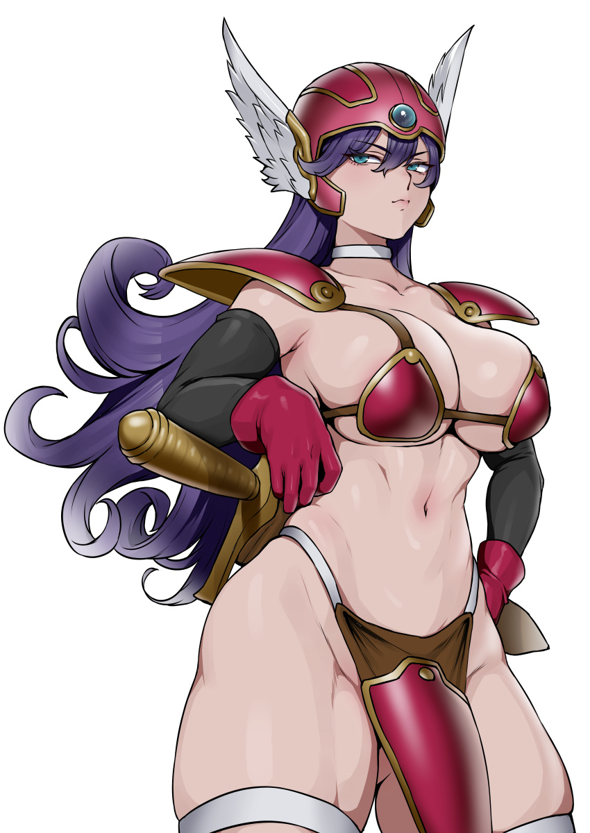 absurdres armor bikini_armor blue_eyes breasts cleavage cowboy_shot dragon_quest dragon_quest_iii female gloves helmet highres large_breasts looking_at_viewer navel pelvic_curtain pink_armor pink_helmet purple_hair shoulder_armor simple_background soldier_(dq3) solo sword wavy_hair weapon white_background winged_helmet yesman_(cvbnyesman)