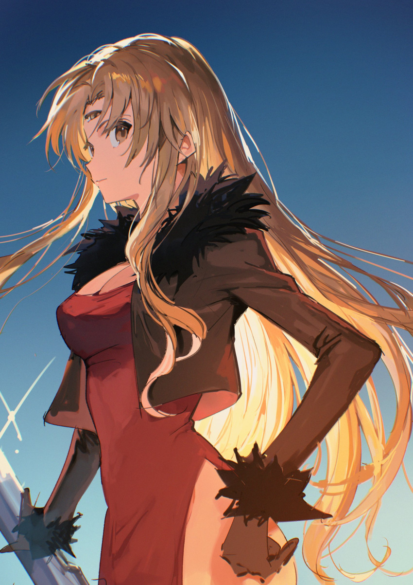 absurdres aoki_(fumomo) blonde_hair brown_gloves coat dress female fur_coat gloves gun highres long_hair looking_at_viewer opera_vectra red_dress simple_background solo star_ocean star_ocean_blue_sphere star_ocean_the_second_story third_eye very_long_hair weapon yellow_eyes