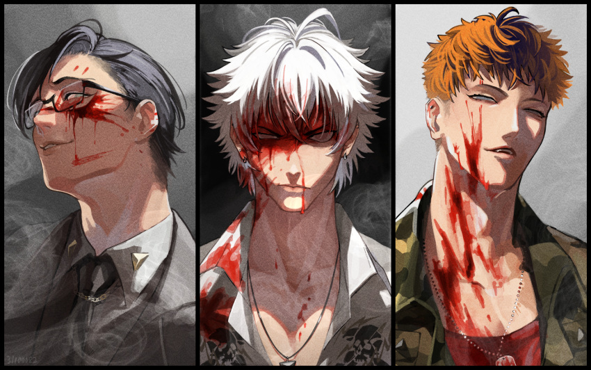 3boys ahoge aohitsugi_samatoki asymmetrical_bangs black-framed_eyewear black_border black_hair black_necktie blood blood_in_hair blood_on_cheek blood_on_chest blood_on_clothes blood_on_eyewear blood_on_face blue_eyes border busujima_rio_mason camouflage camouflage_jacket camouflage_shirt chains collarbone collared_shirt crossed_bangs curtained_hair dog_tags ear_piercing earrings film_grain furrowed_brow glasses grey_background hair_between_eyes highres hypnosis_mic iruma_jyuto jacket jewelry mad_trigger_crew male_focus messy_hair multiple_boys multiple_earrings narrowed_eyes necktie open_collar orange_hair parted_lips partially_unbuttoned pectoral_cleavage pectorals pegxvpve8 piercing red_shirt scowl shirt short_hair skull_print smirk smoke suit_jacket undercut uneven_eyes v-shaped_eyebrows very_short_hair white_shirt