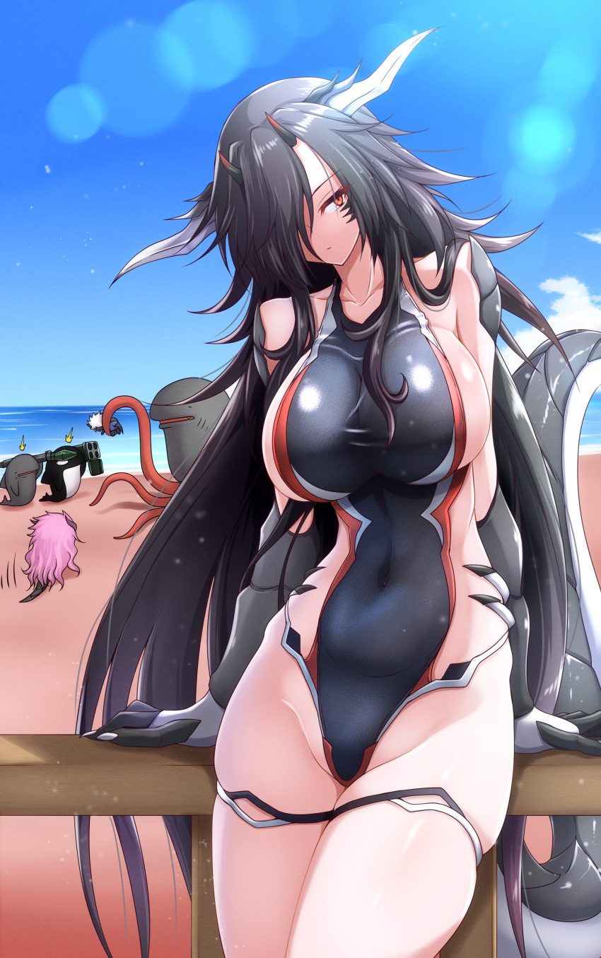 1boy 2girls absurdres bare_shoulders black_hair breasts chibi claws collarbone competition_swimsuit covered_navel dragon_boy dragon_claw dragon_girl dragon_horns dragon_tail g_(genesis1556) hair_over_one_eye highleg highleg_one-piece_swimsuit highres horns large_breasts leia_(g_(genesis1556)) long_hair mia_(g_(genesis1556)) monster_boy monster_girl multiple_girls one-piece_swimsuit orca original pink_hair red_eyes rio_(g_(genesis1556)) rocket_launcher rpg-7 rpg_(weapon) scales shark shark_fin sharktopus short_hair sideless_swimsuit sidelocks sky solo_focus swimsuit tail very_long_hair wavy_hair weapon white_hair