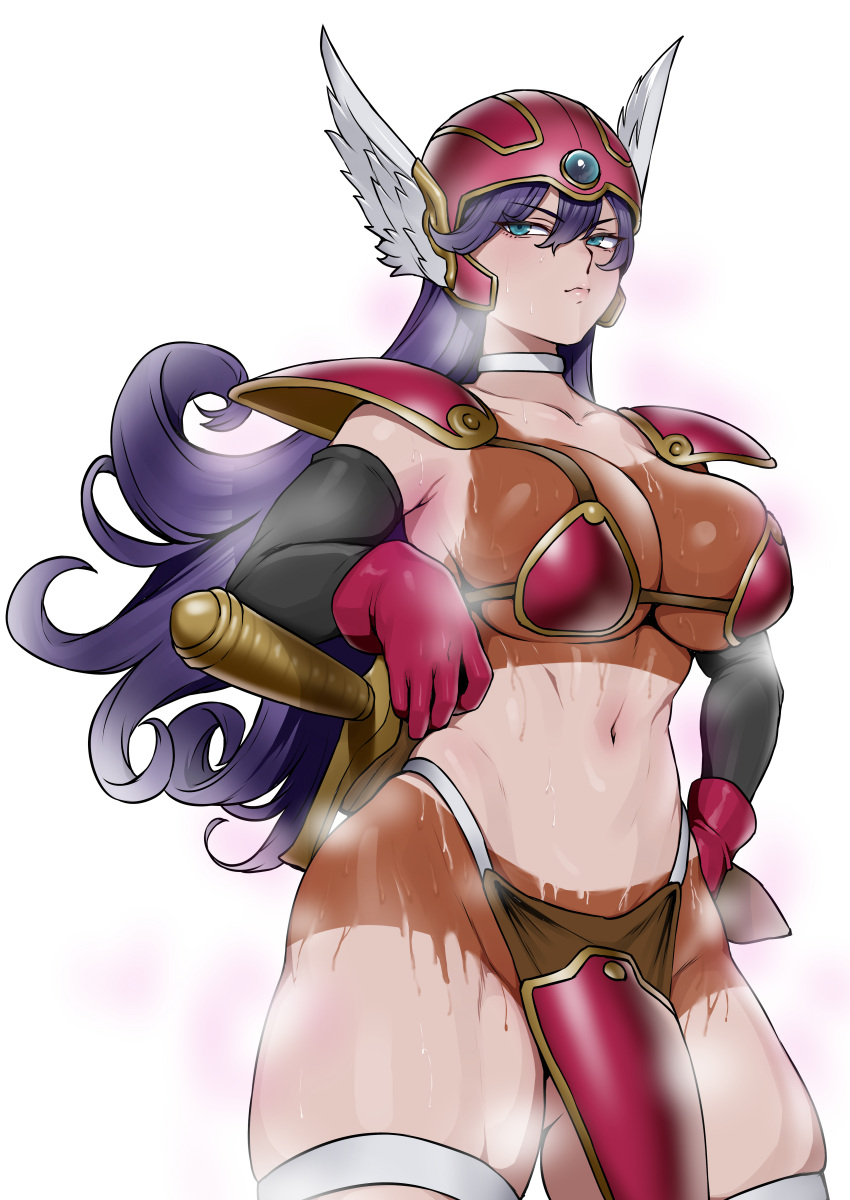 absurdres armor bikini_armor blue_eyes bodypaint breasts cleavage cowboy_shot dragon_quest dragon_quest_iii female gloves helmet highres large_breasts looking_at_viewer navel painted_clothes pelvic_curtain pink_armor pink_helmet purple_hair shoulder_armor simple_background soldier_(dq3) solo steaming_body sweat sword wavy_hair weapon white_background winged_helmet yesman_(cvbnyesman)