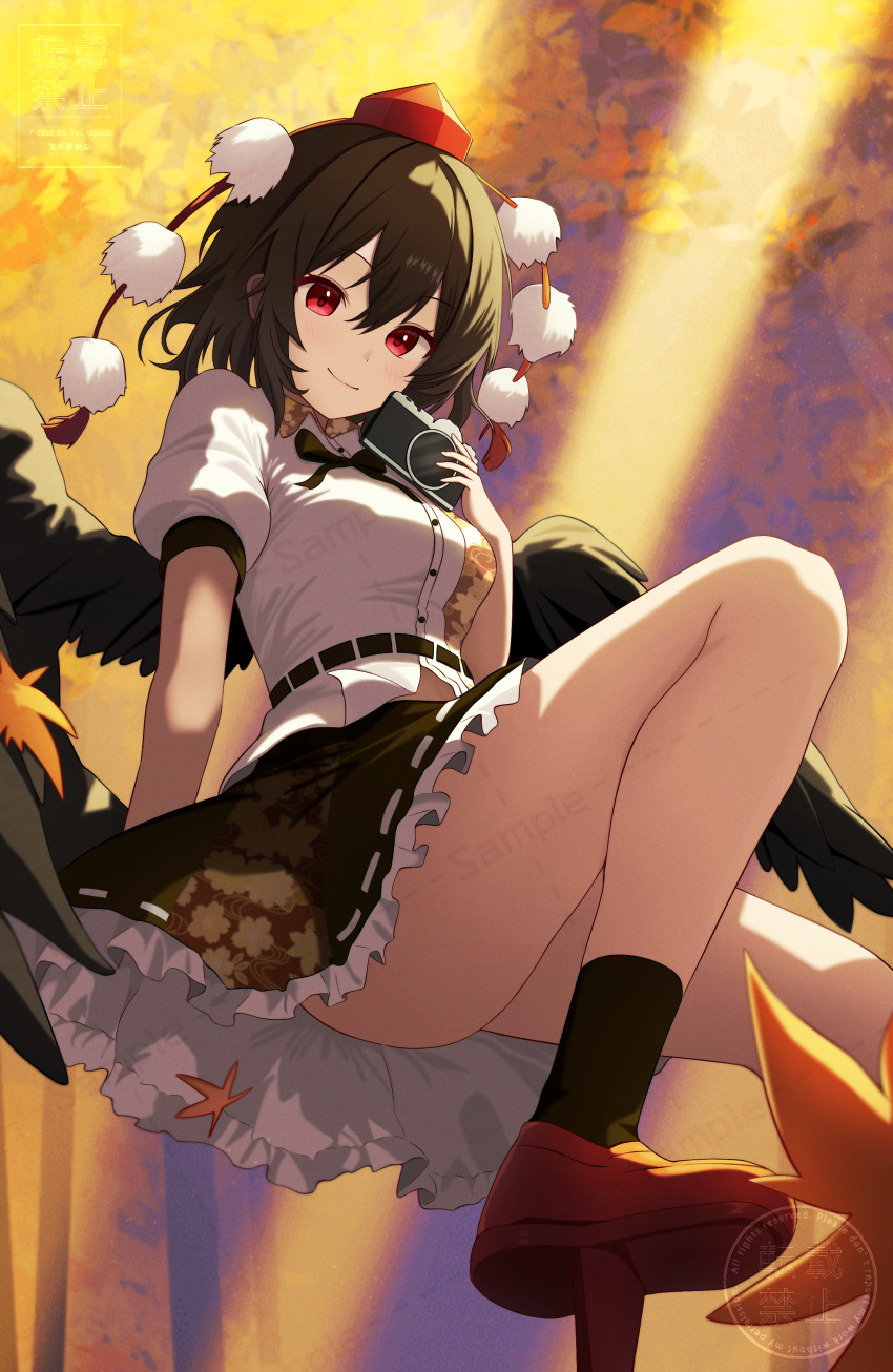 absurdres autumn_leaves black_bow black_bowtie black_hair black_skirt black_socks black_wings blush bow bowtie breasts camera closed_mouth collared_shirt commentary feathered_wings female from_below geta hand_up hat highres holding holding_camera looking_at_viewer maizumi medium_breasts miniskirt pleated_skirt pom_pom_(clothes) red_eyes red_footwear red_hat sample_watermark shameimaru_aya shirt short_hair skirt smile socks solo tengu tengu-geta thighs tokin_hat touhou watermark white_shirt wings