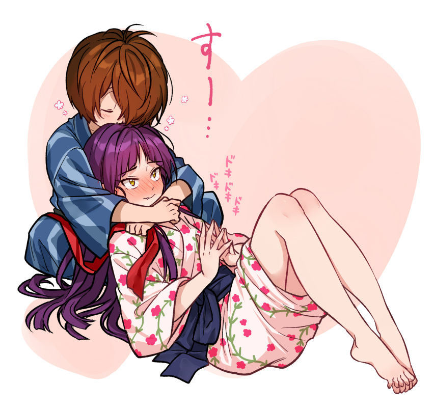 1boy alternate_costume alternate_hairstyle blush brown_hair closed_eyes couple female gegege_no_kitarou hair_down hair_over_one_eye highres indian_style japanese_clothes kimono kitarou long_hair lying_on_lap nekomusume nekomusume_(gegege_no_kitarou_6) own_fingers_together purple_hair short_hair silanduqiaocui sitting smelling_hair straight yellow_eyes yukata