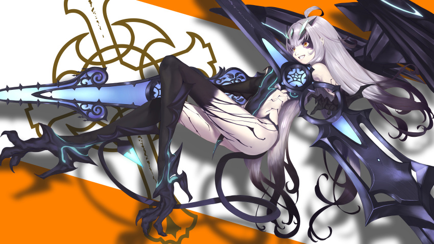 >:) :d absurdres ahoge animal_legs bare_arms bare_shoulders black_hair black_hands black_panties black_skin black_tabard black_wings body_markings claws colored_extremities colored_skin commentary corruption cross double-blade dragon_girl dragon_tail dragon_wings dual_wielding fate/grand_order fate_(series) female frog243 full_body glowing glowing_wings gradient_hair grey_hair grin highres holding holding_sword holding_weapon horns huge_ahoge long_hair looking_ahead melusine_(fate) melusine_(third_ascension)_(fate) multicolored_hair multicolored_skin naked_tabard oerba_yun_fang open_mouth panties revealing_clothes scales shadow sideless_outfit sidelocks slit_pupils smile solo sword tabard tail teeth two-tone_hair two-tone_skin underwear v-shaped_eyebrows very_long_hair weapon wings yellow_eyes