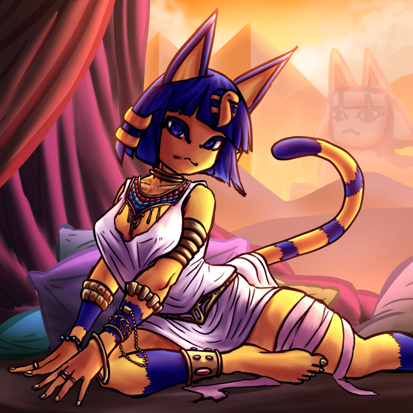 1:1 animal_crossing ankha_(animal_crossing) anthro bandage bennyvania blue_body blue_fur blue_hair breasts cleavage_cutout clothing curtains cutout desert egyptian feet felid feline female fur hair hi_res jewelry looking_at_viewer lying mammal nintendo pillow solo sunset tail white_clothing yellow_body yellow_fur