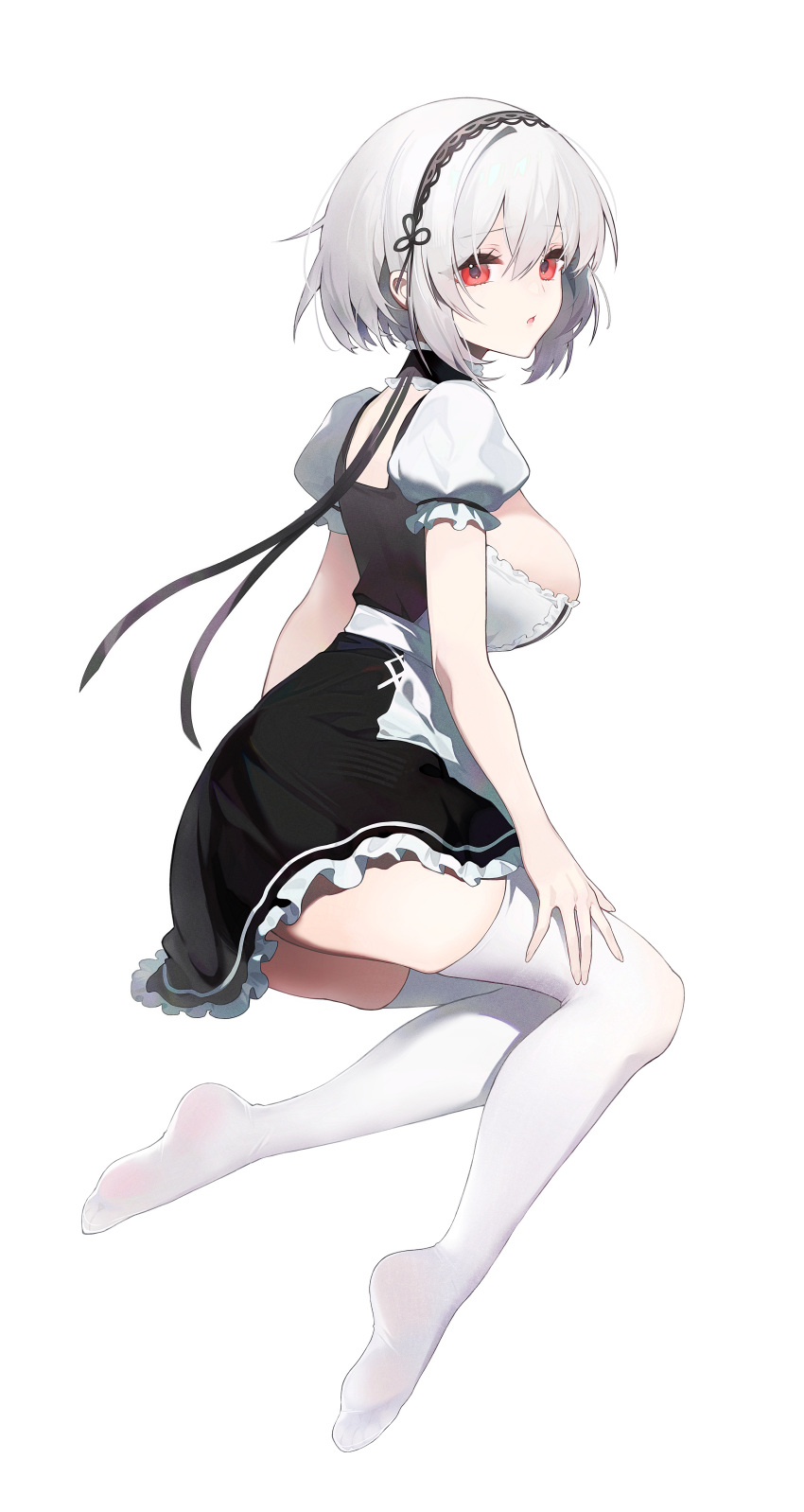 absurdres apron azur_lane black_dress black_hairband breasts commentary_request dress female frilled_skirt frilled_sleeves frills from_side full_body hairband hand_on_own_thigh highres lace-trimmed_hairband lace_trim large_breasts looking_at_viewer no_shoes open_mouth puffy_short_sleeves puffy_sleeves red_eyes short_hair short_sleeves shui_mu_mu_shan simple_background sirius_(azur_lane) skirt solo thighhighs waist_apron white_apron white_background white_hair white_thighhighs