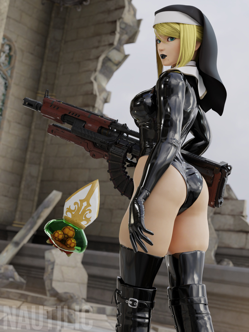 3d absurdres alternate_costume ass blonde_hair blue_eyes cross-laced_footwear female guimpe gun habit hat highleg highleg_leotard highres holding holding_gun holding_weapon latex latex_leotard latex_thighhighs leotard looking_at_viewer metroid metroid_(creature) mitre nautilic nun outdoors samus_aran shiny_clothes skin_tight skindentation thighhighs weapon