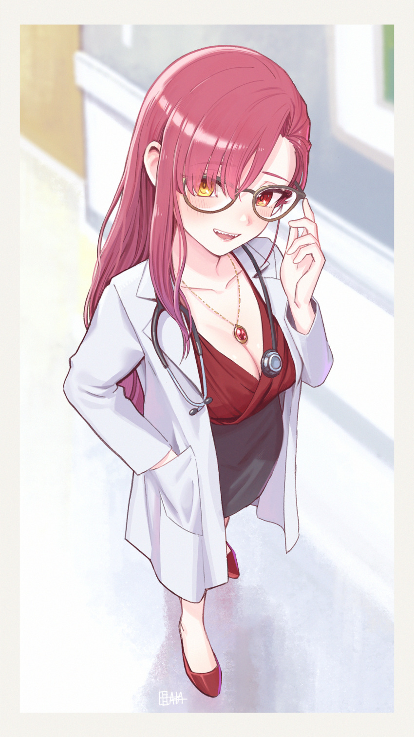 a-ka alternate_costume bespectacled black-framed_eyewear black_skirt blurry blurry_background blush breasts cleavage coat commentary_request female full_body glasses heterochromia highres hololive houshou_marine jewelry lab_coat long_hair looking_at_viewer open_mouth pendant red_eyes red_footwear red_hair red_shirt sharp_teeth shirt skirt smile solo teeth virtual_youtuber white_coat yellow_eyes