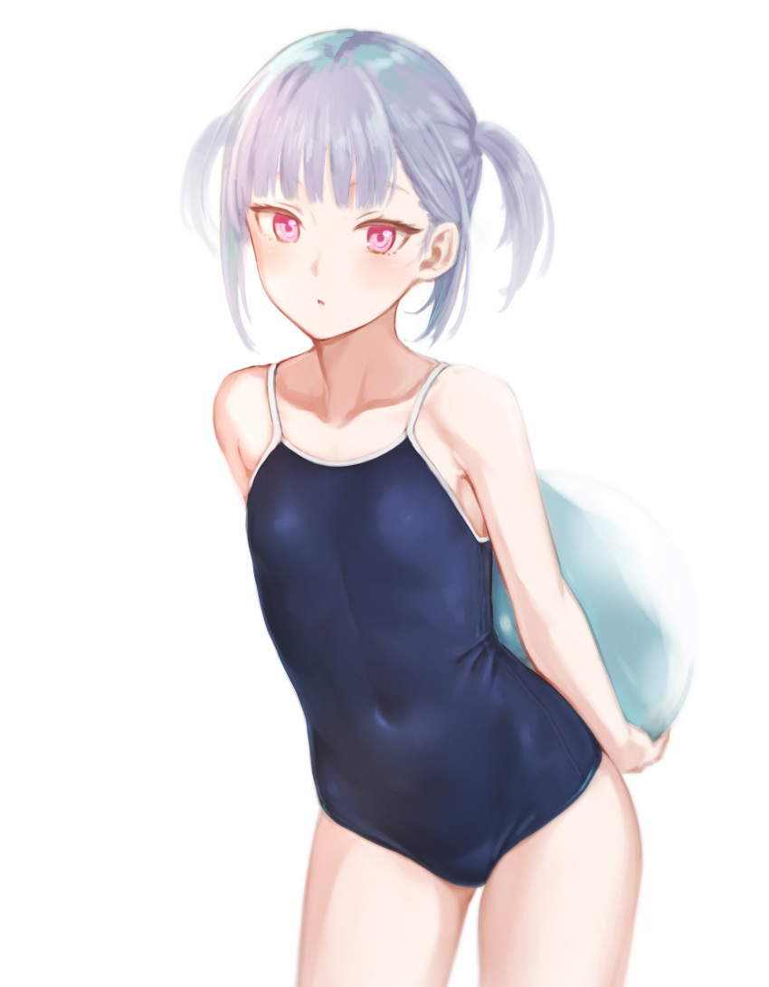 absurdres arms_behind_head blue_one-piece_swimsuit collarbone competition_school_swimsuit covered_navel female grey_hair highres kickboard leaning_forward mutsumura_ryuuichi one-piece_swimsuit original red_eyes school_swimsuit short_hair simple_background solo swimsuit twintails white_background