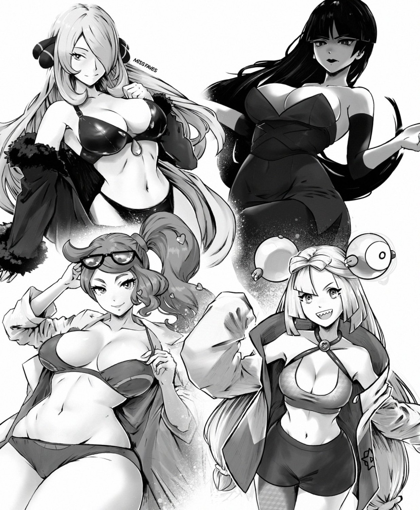 4girls artist_name bikini bikini_top_only black_coat black_lips blunt_bangs bow-shaped_hair breasts character_hair_ornament cleavage coat collarbone cynthia_(pokemon) detached_sleeves dress english_commentary eyewear_on_head fur-trimmed_sleeves fur_trim hair_ornament hair_over_one_eye heart heart_hair_ornament hexagon_print highres hime_cut iono_(pokemon) lab_coat large_breasts long_hair low-tied_long_hair miss_faves monochrome multiple_girls navel oversized_clothes pantyhose pokemon pokemon_dppt pokemon_frlg pokemon_sv pokemon_swsh sabrina_(pokemon) sharp_teeth short_dress shorts side_ponytail single_leg_pantyhose sleeves_past_fingers sleeves_past_wrists smile sonia_(pokemon) straight_hair strapless strapless_dress sunglasses swept_bangs swimsuit teeth v-shaped_eyebrows very_long_hair very_long_sleeves wavy_hair x