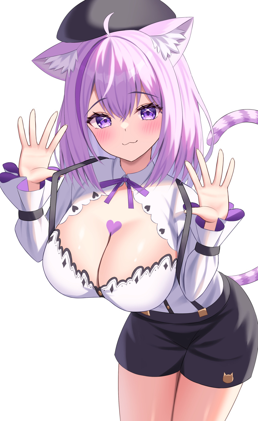 :3 absurdres ahoge animal_ear_fluff animal_ears beret black_hat black_shorts blush breasts cat_ears cat_girl cat_tail cleavage cleavage_cutout clothing_cutout female hat heart_on_chest highres hololive kumoru_(kumoru_145) large_breasts looking_at_viewer multicolored_hair nekomata_okayu nekomata_okayu_(wonderland) official_alternate_costume purple_eyes purple_hair shirt shorts smile solo streaked_hair suspender_shorts suspenders tail virtual_youtuber white_shirt