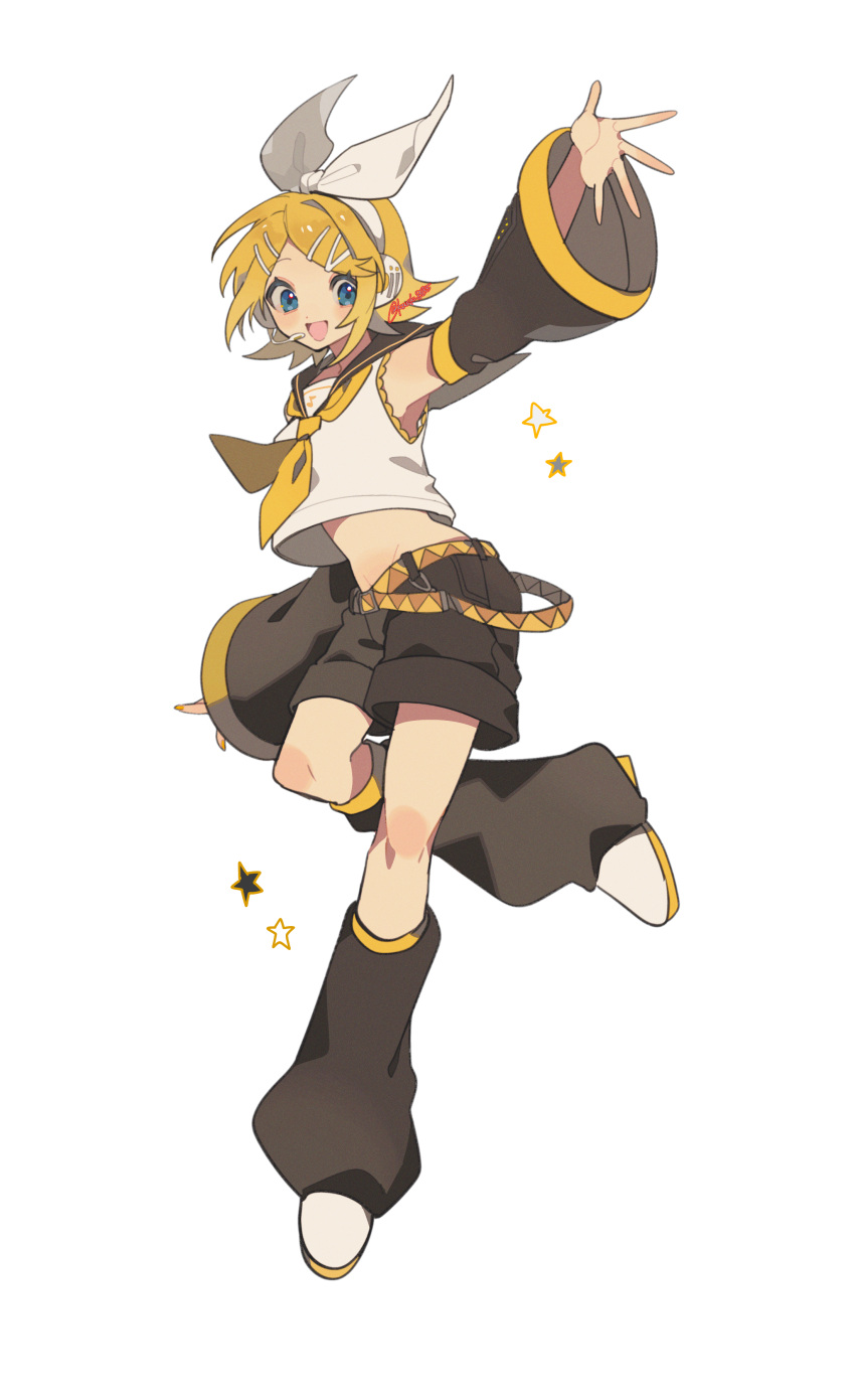 :d absurdres arm_up black_leg_warmers black_shorts black_sleeves blonde_hair blue_eyes bow commentary detached_sleeves female full_body hair_ornament hairbow hairclip headset highres kagamine_rin kawasaki_(kwsk_8765) leg_warmers looking_at_viewer musical_note musical_note_print neckerchief open_mouth shirt short_hair shorts simple_background sleeveless sleeveless_shirt smile solo star_(symbol) symbol-only_commentary twitter_username vocaloid white_background white_bow white_footwear white_shirt yellow_neckerchief