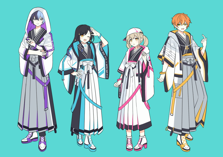 2boys 2girls :d ;d adapted_costume aoyagi_touya azusawa_kohane backwards_hat black_hair blue_background blue_hair boots bow bracelet brown_eyes commentary_request cross-laced_footwear full_body green_eyes grey_eyes grey_hakama grey_pants hair_ornament hakama hakama_pants hakama_skirt haori hat highres hood hooded_jacket jacket japanese_clothes jewelry light_brown_hair long_sleeves looking_at_viewer multicolored_hair multiple_boys multiple_girls one_eye_closed orange_hair pants project_sekai salute sash shinonome_akito shiraishi_an short_twintails skirt smile split-color_hair star_(symbol) star_hair_ornament twintails vivid_bad_squad_(project_sekai) waka_(wk4444) white_bow white_footwear white_hakama white_skirt wide_sleeves yellow_eyes