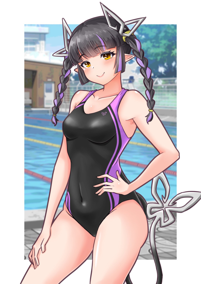 adapted_costume alternate_costume alternate_hairstyle armpit_crease black_hair black_one-piece_swimsuit blue_sky blunt_bangs blurry blurry_background blush border braid breasts breasts_apart building chain-link_fence closed_mouth commentary_request competition_swimsuit contrapposto covered_navel cowboy_shot day demon_girl demon_horns demon_tail depth_of_field female fence from_side hair_ornament hair_tie hand_on_own_hip hand_on_own_thigh head_tilt highres horns kojo_anna lane_line lifeguard_chair long_hair looking_at_viewer medium_breasts multicolored_hair nanashi_inc. one-piece_swimsuit outdoors outside_border pointy_ears pool poolside purple_hair purple_one-piece_swimsuit robou_no_stone sidelocks sky smile solo streaked_hair sugar_lyric swimsuit tail thighs tile_floor tiles tree twin_braids twintails two-tone_hair two-tone_swimsuit virtual_youtuber water white_border yellow_eyes