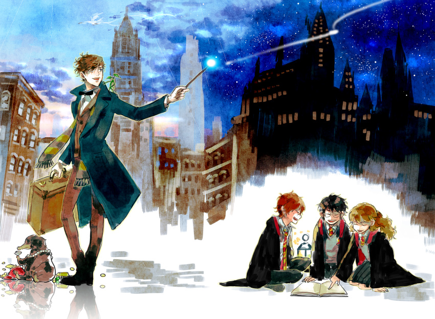 3boys black_hair black_robe book bow bowtie brown_hair childlock fantastic_beasts_and_where_to_find_them female glasses gryffindor harry_potter harry_potter_(series) hermione_granger highres hogwarts_school_uniform holding holding_wand lantern long_hair multiple_boys necktie newt_scamander niffler open_book orange_hair robe ron_weasley school_uniform short_hair smile striped striped_necktie time_paradox wand wizarding_world