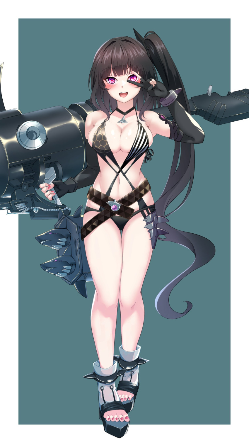 4tb_(4tera_byte) absurdres architect_(girls'_frontline) architect_(nvw_model)_(girls'_frontline) asymmetrical_gloves bikini black_gloves black_hair blush border breasts cleavage commentary elbow_gloves feet female fingerless_gloves full_body girls'_frontline gloves green_background highres holding holding_weapon large_breasts linea_alba long_hair looking_at_viewer nail_polish navel open_mouth outside_border partially_fingerless_gloves pink_nails red_eyes sangvis_ferri side_ponytail simple_background solo standing swimsuit toeless_footwear toenail_polish toenails toes v v_over_eye very_long_hair weapon white_border