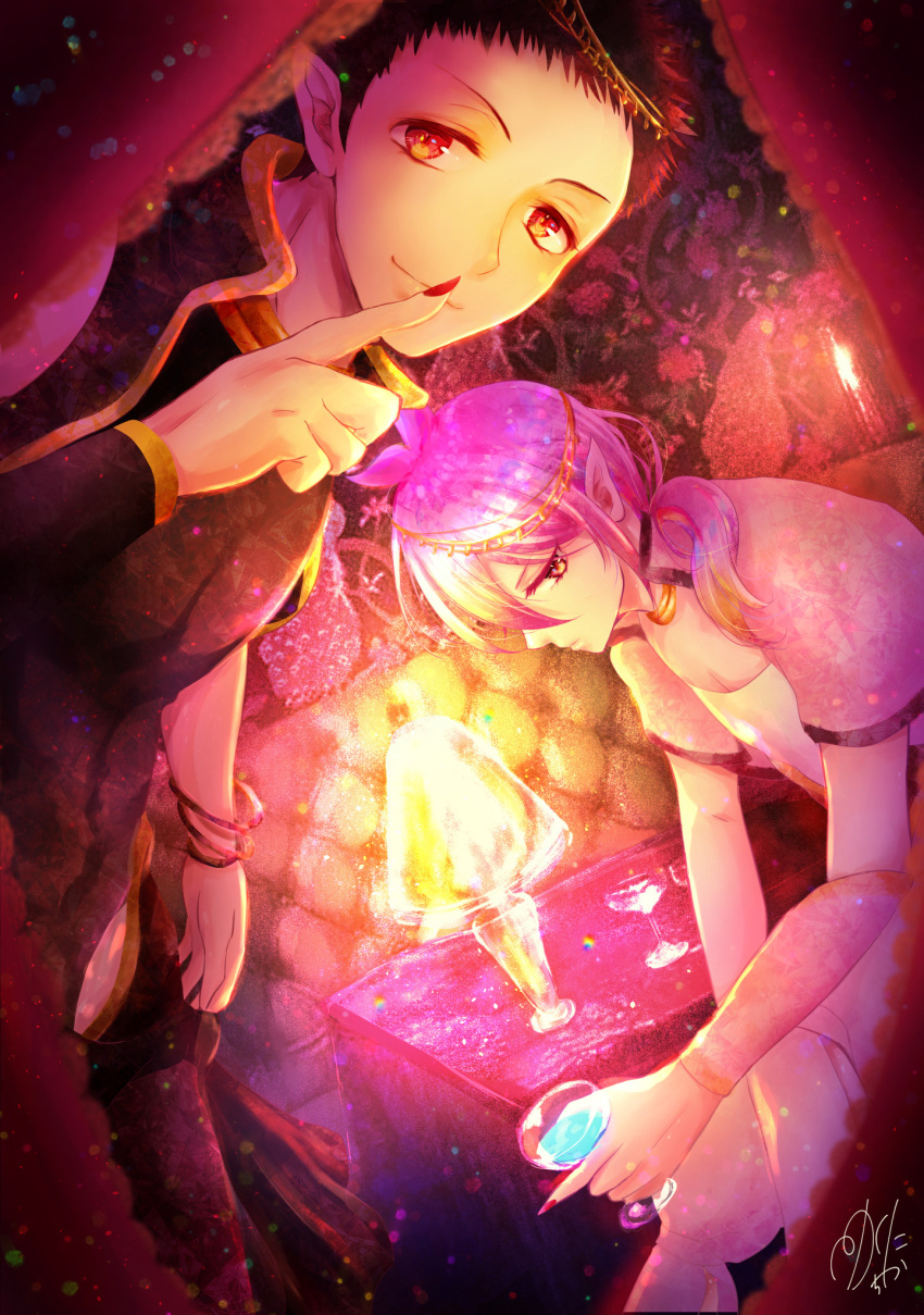 2boys andro_m._jazz asmodeus_alice black_hair booth_seating bracelet cup curtains demon_boy hand_up highres holding holding_cup ichika392 index_finger_raised indoors jewelry looking_at_viewer mairimashita!_iruma-kun male_focus multiple_boys orange_eyes pink_hair pointy_ears red_nails short_sleeves sitting table