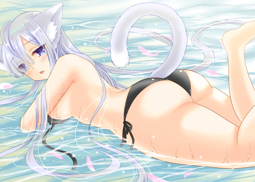 animal_ear_fluff animal_ears ass bikini black_bikini blue_eyes blush breasts cat_ears cat_girl cat_tail eyes_visible_through_hair female grey_hair hair_over_one_eye highres long_hair looking_at_viewer lying oerba_yun_fang on_stomach original partially_submerged sideboob solo swimsuit tail uonuma_yuu very_long_hair water wet