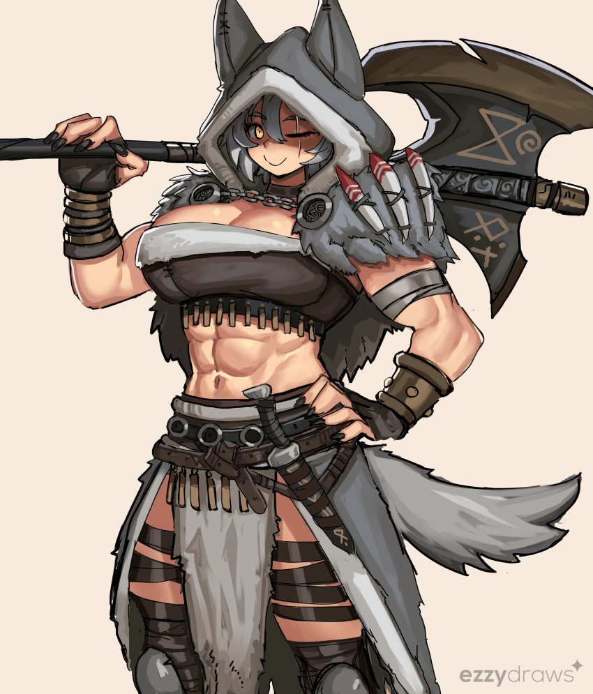 abs absurdres animal_ears axe barbarian black_nails bracelet breasts cleavage crop_top ezzydraws female fingerless_gloves gloves grey_hair hand_on_own_hip highres hood jewelry knife large_breasts looking_at_viewer muscular muscular_female one_eye_closed orange_eyes original over_shoulder pelt scar scar_across_eye signature smile solo tail weapon weapon_over_shoulder wolf_ears wolf_girl wolf_pelt wolf_tail