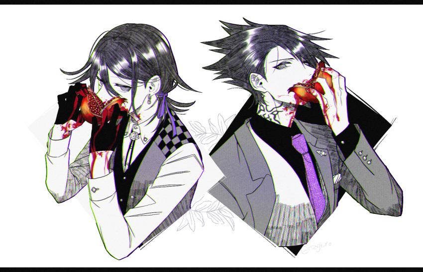 2boys alternate_costume alternate_hair_color alternate_hairstyle black_hair black_shirt collared_shirt commentary_request cropped_torso danganronpa_(series) danganronpa_v3:_killing_harmony earrings eating facial_hair food fruit gloves goatee hair_between_eyes hair_ribbon hand_up hands_up holding holding_food holding_fruit jewelry limited_palette long_sleeves looking_at_viewer male_focus medium_hair momota_kaito multiple_boys nagi_to_(kennkenn) neck_tattoo necktie oma_kokichi pink_necktie pink_ribbon pomegranate purple_ribbon ribbon sexually_suggestive shirt tattoo upper_body vest yonic_symbol