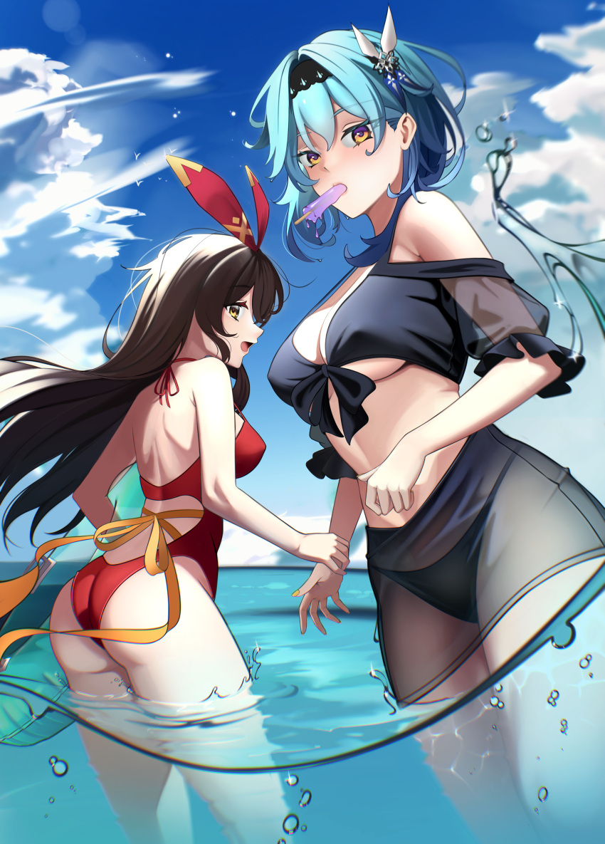 2girls absurdres alternate_costume amber_(genshin_impact) ass back backless_swimsuit bare_back bare_shoulders bikini bikini_skirt black_bikini blue_hair blue_sky breasts brown_hair casual_one-piece_swimsuit cleavage cloud covered_nipples cowboy_shot eula_(genshin_impact) fingernails food food_in_mouth frilled_sleeves frills front-tie_bikini_top front-tie_top genshin_impact grabbing_another's_hand hair_between_eyes hair_ornament hair_ribbon halterneck highres holding holding_swim_ring horizon hyafumi innertube large_breasts long_hair looking_at_viewer medium_breasts medium_hair multiple_girls one-piece_swimsuit open_mouth orange_eyes orange_ribbon partially_underwater_shot popsicle popsicle_in_mouth red_one-piece_swimsuit ribbon see-through see-through_skirt see-through_sleeves skirt sky swim_ring swimsuit two-tone_eyes underboob wading yellow_eyes