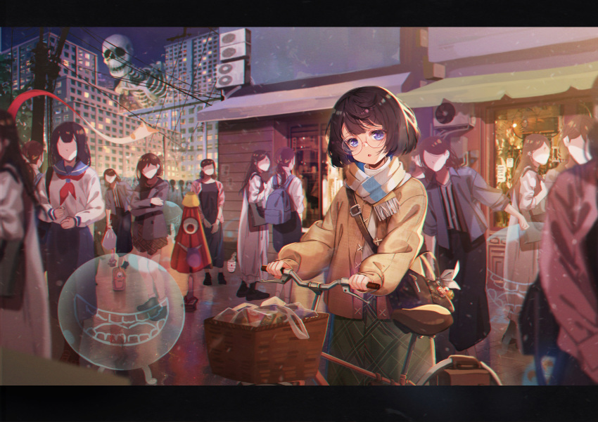 6+girls absurdres bag bicycle bicycle_basket black_hair blue_eyes blush brown_coat coat commentary_request daikazoku63 faceless faceless_female glasses green_skirt handbag highres letterboxed long_hair looking_at_viewer messy_hair multiple_girls night oerba_yun_fang original outdoors parted_lips photoshop_(medium) round_eyewear scarf short_hair skirt wavy_hair