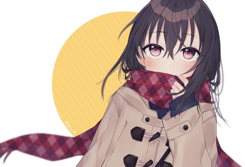 argyle_clothes argyle_scarf black_hair black_sweater blush brown_jacket closed_mouth coat commentary_request diagonal_stripes duffel_coat female fujiwara_hajime hair_between_eyes hand_up hood hood_down hooded_jacket idolmaster idolmaster_cinderella_girls jacket long_hair long_sleeves looking_away looking_up minamiya_mia red_eyes red_scarf ribbed_sweater scarf sleeves_past_wrists smile solo striped striped_background sweater twitter_username two-tone_background unmoving_pattern white_background yellow_background