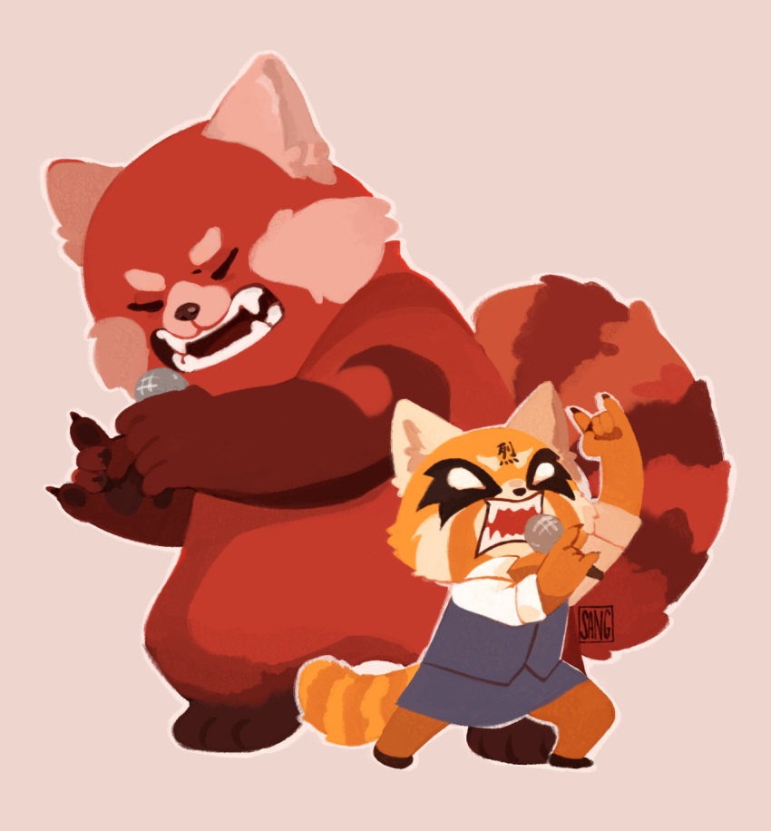 2022 5_fingers aggressive_retsuko ailurid anthro closed_eyes clothed clothing crossover disney duo female fingers fur hi_res holding_object mammal mei_lee_(turning_red) microphone open_mouth pixar red_panda retsuko sangcoon sanrio screaming sharp_teeth simple_background singing teeth turning_red